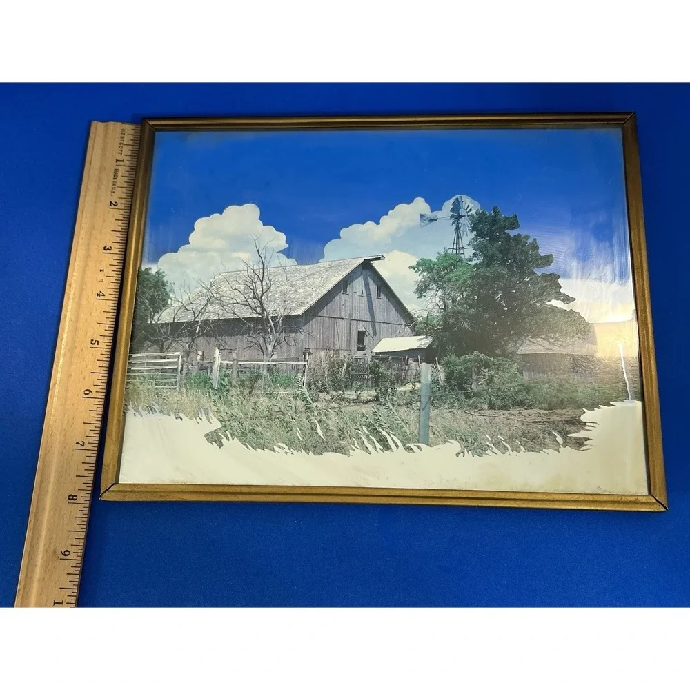Vintage Framed Copper Plated  Mirror Gray Barn with Windmill